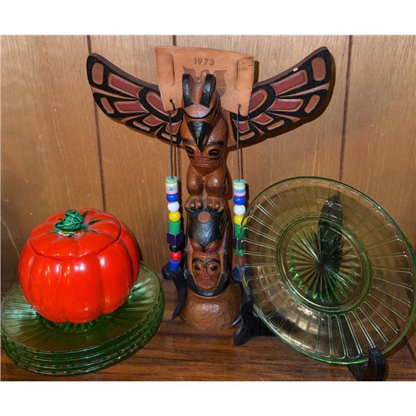 Carved Wood Totem with Beads and Glass Dish Set