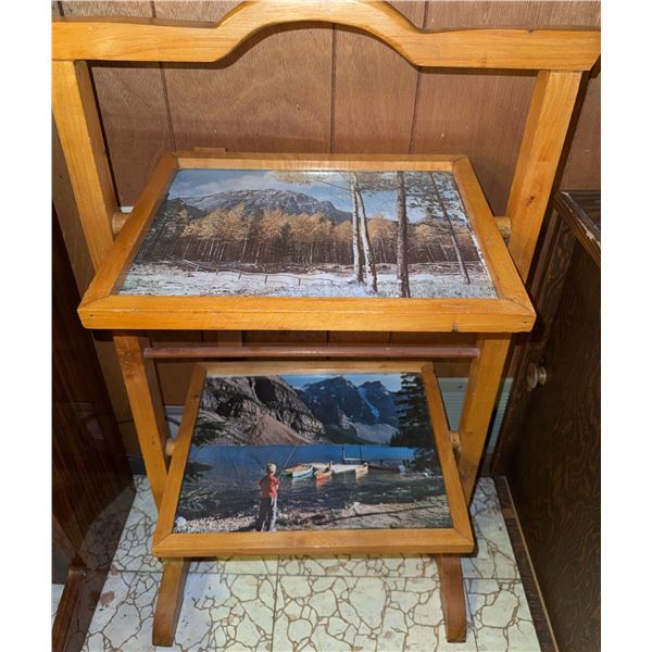 Wooden Two-Tier Magazine Stand with Framed Landscape Prints