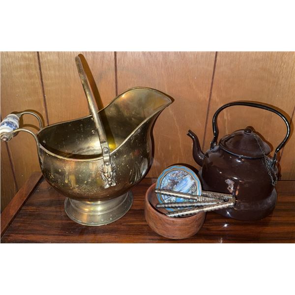 Brass Coal Scuttle, Brown Enamel Kettle, and Bowl with Accessories