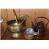 Image 1 : Brass Coal Scuttle, Brown Enamel Kettle, and Bowl with Accessories