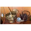 Image 2 : Brass Coal Scuttle, Brown Enamel Kettle, and Bowl with Accessories