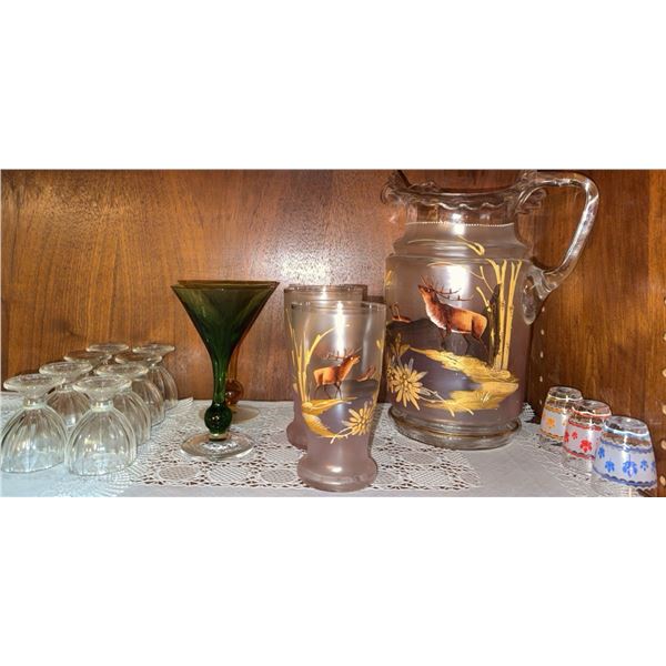 Glass Pitcher and Tumbler Set with Elk Motif and Assorted Stemware