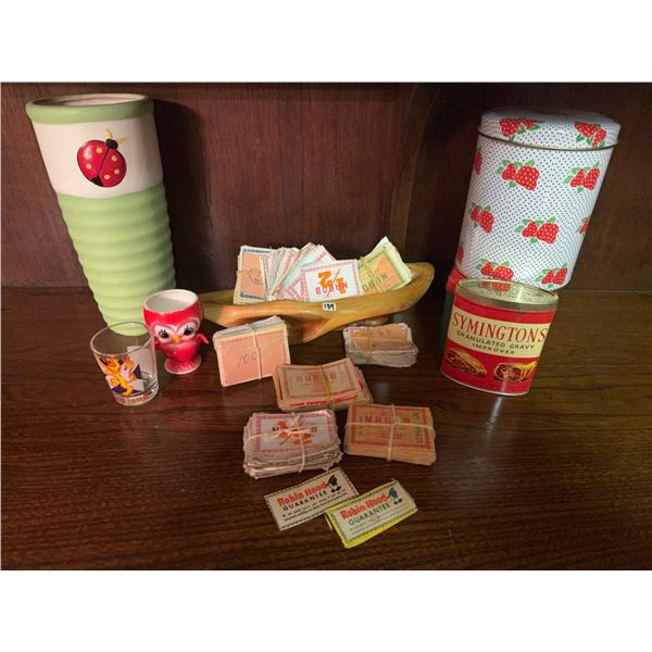 Vintage Coupons, Tins, Glass, and Egg Cup