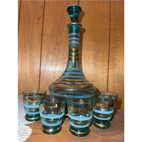 Blue Glass Decanter with Stopper and 6 Matching Glasses