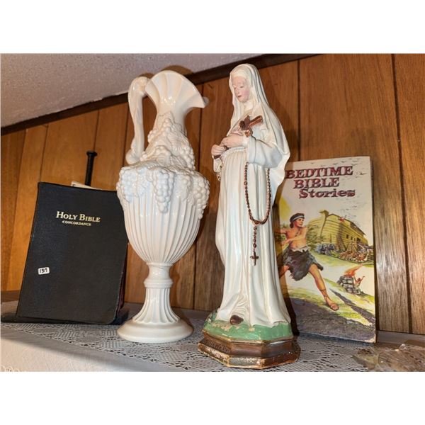 Religious Decor Group with Holy Bible, Ceramic Pitcher, and Virgin Mary Figurine
