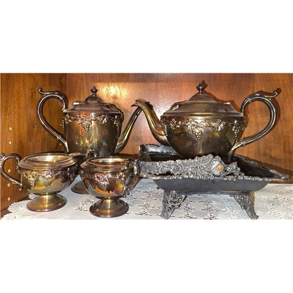 Silver-Plated Four-Piece Tea Set with Ornate Tray