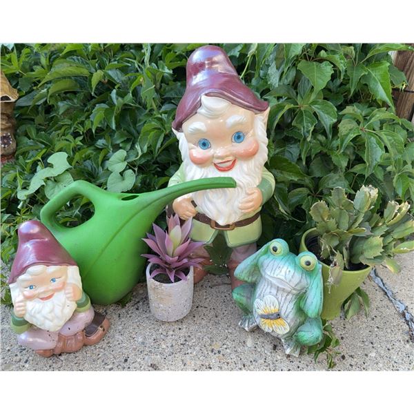 Garden Gnome, Frog Statue, Planter and Watering Can Set