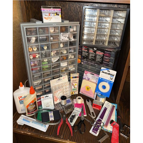 Sewing Organizer Lot with Thread, Tools, and Storage Drawers