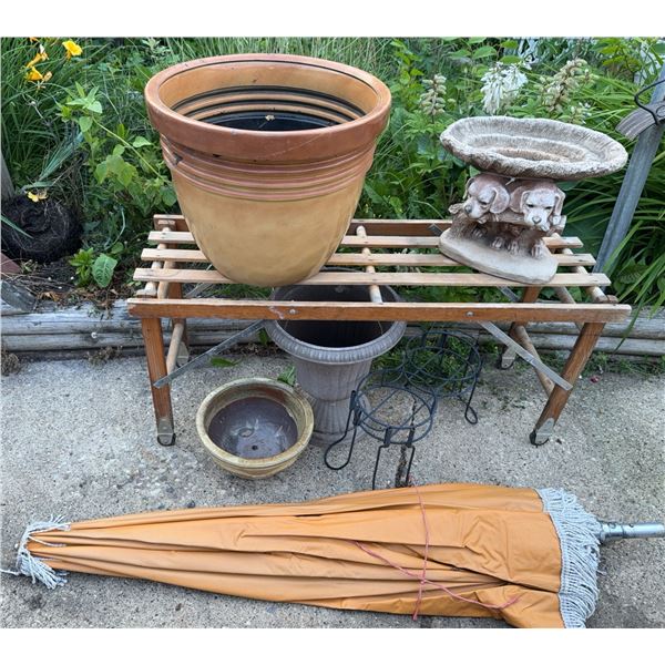 Garden Planters, Animal Motif Pedestal, and Patio Umbrella Group