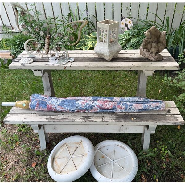 Outdoor Garden Decor Assortment with Rustic Wooden Bench