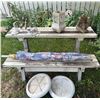 Image 1 : Outdoor Garden Decor Assortment with Rustic Wooden Bench