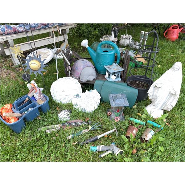 Outdoor Garden Decor and Tool Lot with Statues and Watering Can