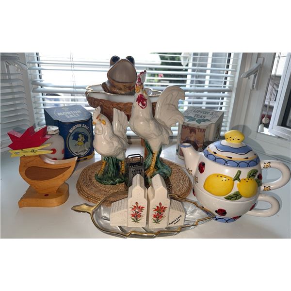 Kitchenware Lot with Ceramic Roosters, Teapot, Salt Shaker, and Decor