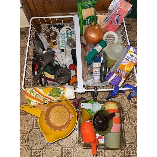 Kitchen Utensil and Gadget Lot With Towels and Storage Basket