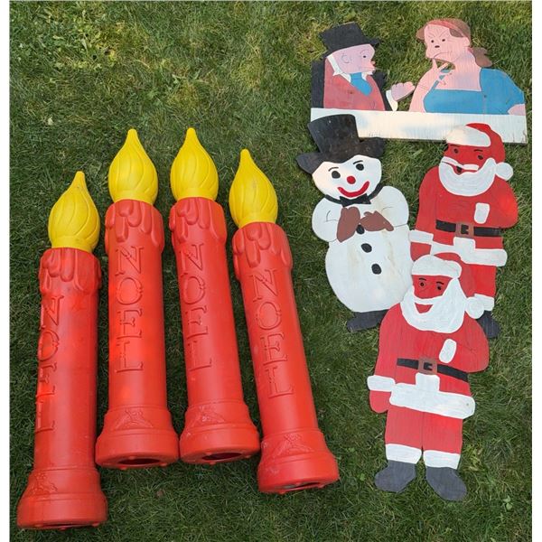 4 Plastic Noel Candle Lawn Decorations with Painted Wooden Holiday Figures