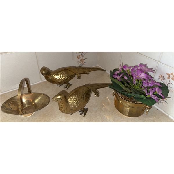 Brass Decorative Group: Two Pheasant Figurines, Basket, and Planter