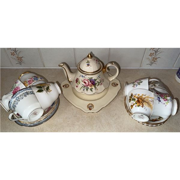 English Bone China Tea Set with Teapot, Cups, and Saucers