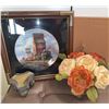 Image 2 : Lot: Framed Train Plate, Faux Flowers, Leather Storage Ottoman, Carved Elephant