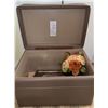 Image 5 : Lot: Framed Train Plate, Faux Flowers, Leather Storage Ottoman, Carved Elephant