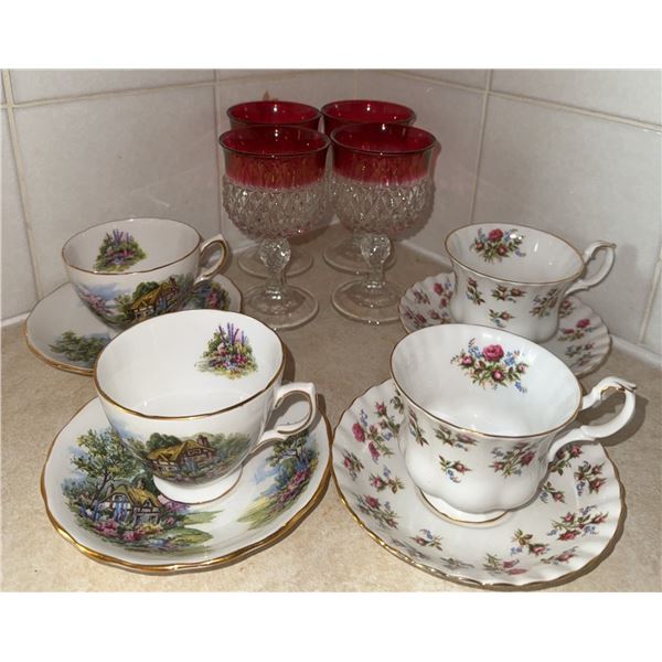 Royal Albert and Royal Vale Teacup Sets with Ruby-Stained Glasses