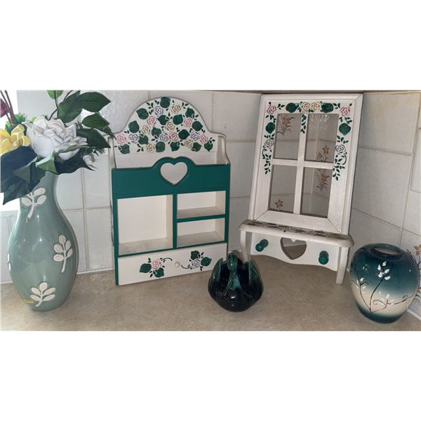 Decorative Wooden Wall Shelves, Ceramic Vases, and Swan Figurine Group