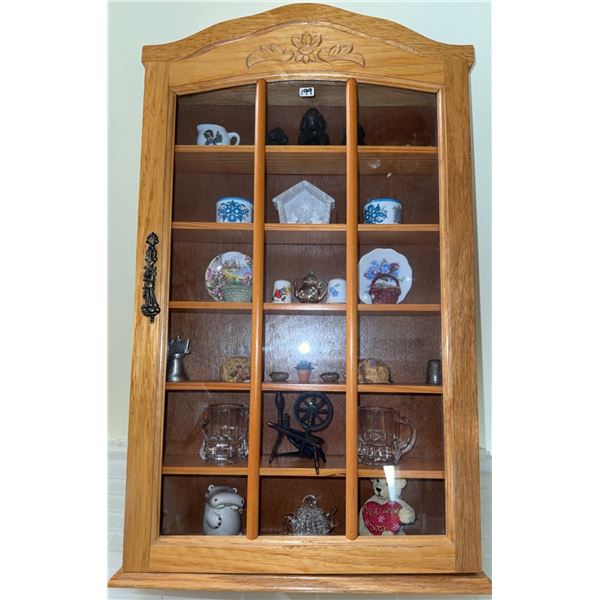 Wall-Mounted Oak Display Cabinet with Assorted Miniature Collectibles