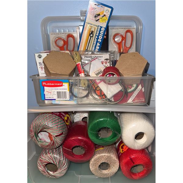 Rubbermaid Bin With Crafting Supplies And Thread Spools
