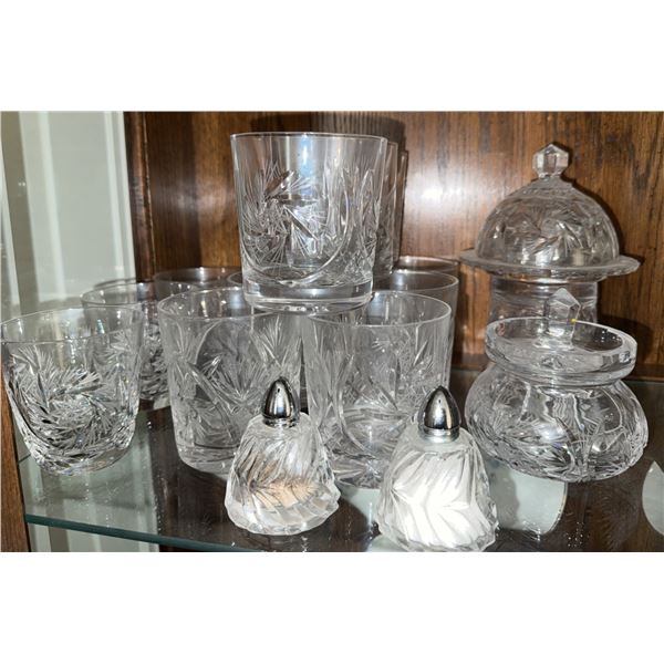 Cut Glass Barware Set with Glasses, Shakers, and Covered Dishes
