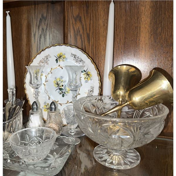 Crystal Tableware, Brass Goblets, and Floral Plate