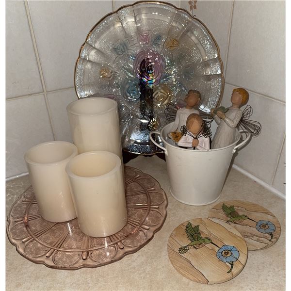 Home Decor Lot with Glass Plates, Figurines, Coasters, and Candles