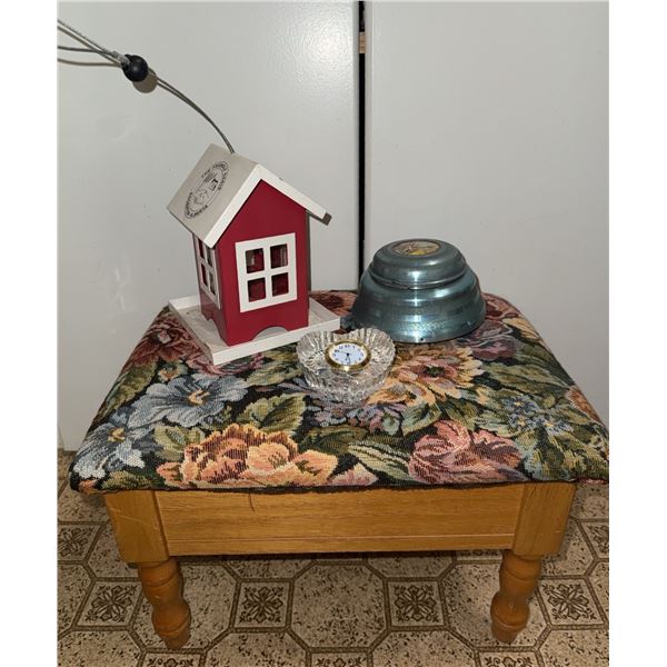 Footstool With Floral Upholstery, Heart-Shaped Clock, Metal Tin and Decorative House