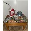 Image 1 : Footstool With Floral Upholstery, Heart-Shaped Clock, Metal Tin and Decorative House