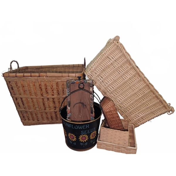 XL Wicker Baskets, Wooden Decor, and Metal Pail