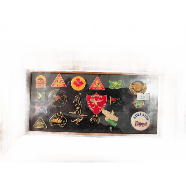 Framed Collection of Australian Themed Pins and Badges