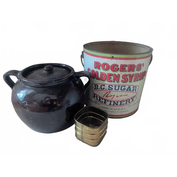 3: Rogers Golden Syrup Tin, Stoneware Pot, Brass Cup
