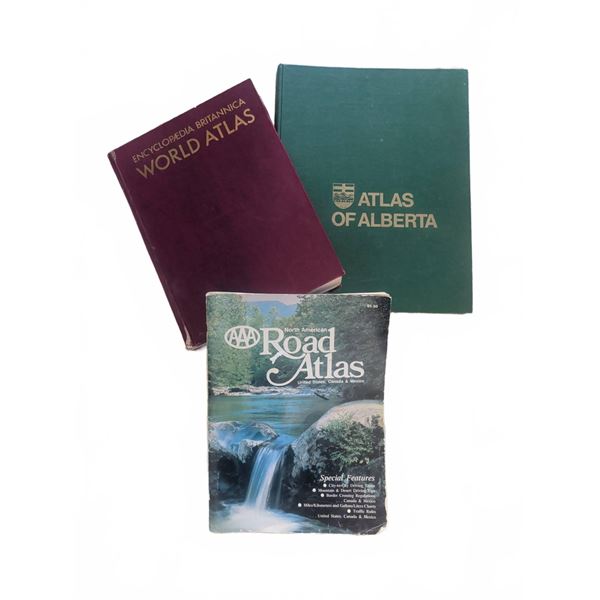Three Atlas Books: Atlas of Alberta, Britannica World Atlas, AAA Road Atlas