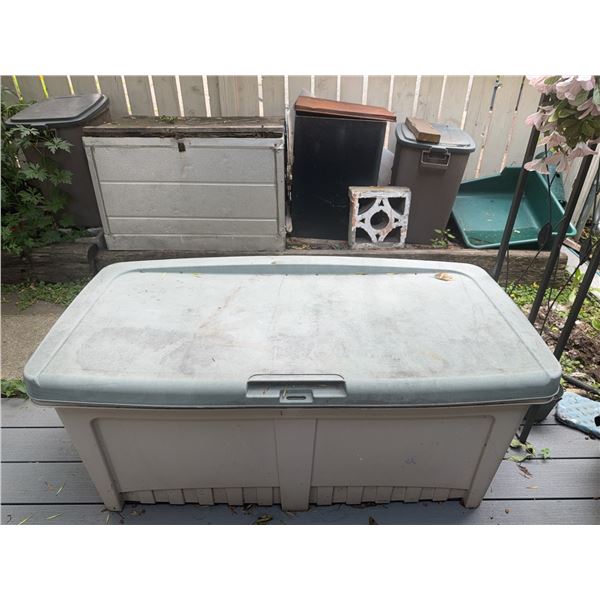 Outdoor Plastic Storage Bin With Assorted Garden Decor