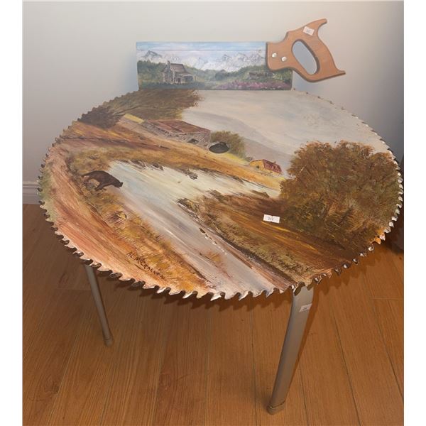 Hand-Painted Saw Blade Tabletop and Painted Hand Saw Decor