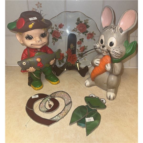 Ceramic Figures, Painted Glass Plate, and Stained Glass Art