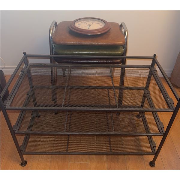 Metal Mesh 3-Tier Shelf, Nesting Tables, and Bird Wall Clock Assortment