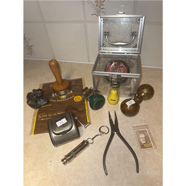 Lot: Hockey Puck, Stamps, Metal Pencil Sharpener, Assorted Curios