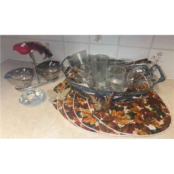 Glassware, Placemats, Metal Serving Dish and Crystal Candle Holder Lot