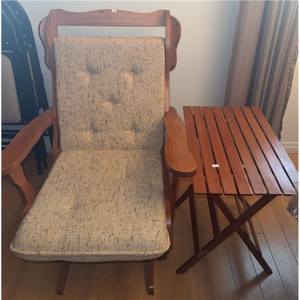 Wooden Rocking Armchair with Cushioned Seat and Slatted Side Table