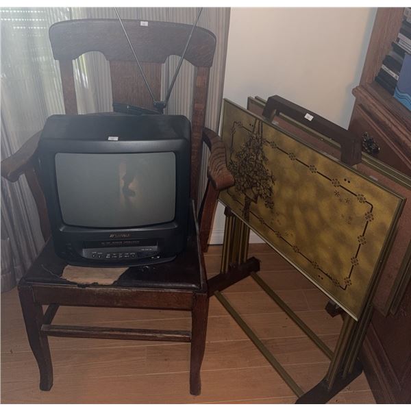 Sansui CRT TV, Oak Armchair, and Metal Tray Table Set