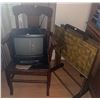 Image 1 : Sansui CRT TV, Oak Armchair, and Metal Tray Table Set
