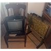 Image 2 : Sansui CRT TV, Oak Armchair, and Metal Tray Table Set