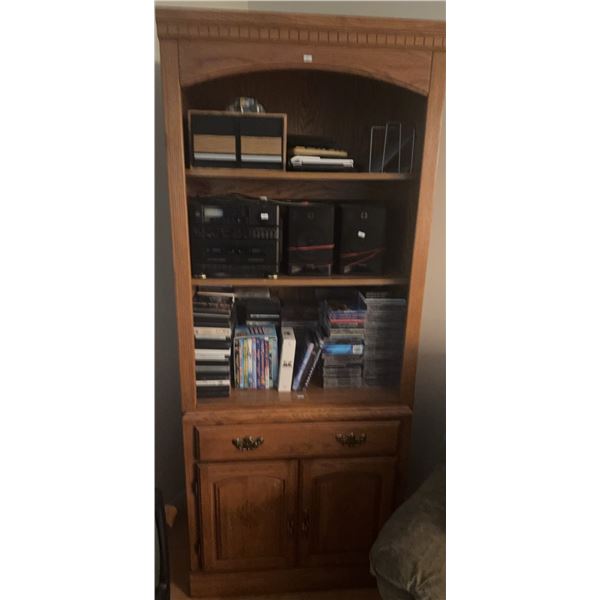 Tall Oak Media Cabinet with Stereo System, Speakers, CDs and DVDs