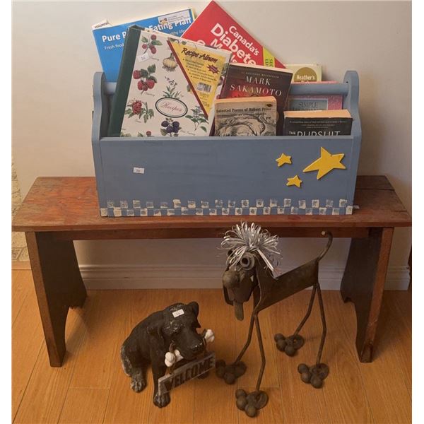 Wooden Bench with Painted Book Caddy and Decorative Dog Figures