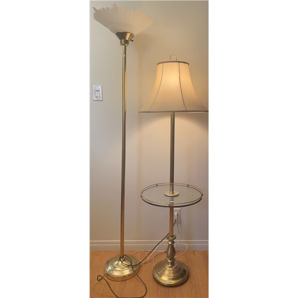 Brass Finish Floor Lamps with Glass Table and Fabric Shade