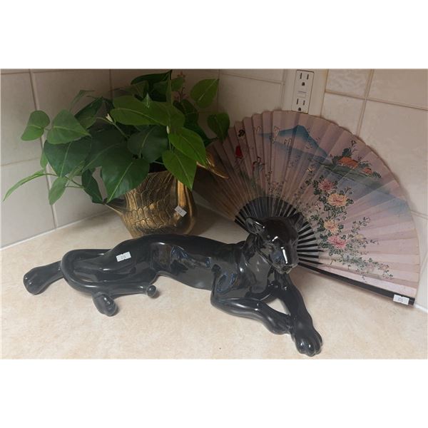 Black Ceramic Panther Figurine, Brass Swan Planter, and Decorative Folding Fan